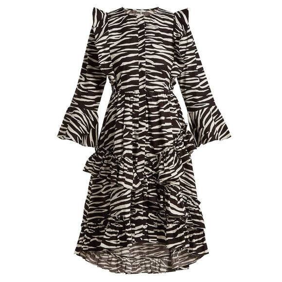 Ganni Women’s Zebra Animal Print Ruffle Modest Cotton Midi Dress Sz 38 (M) - Picture 1 of 9